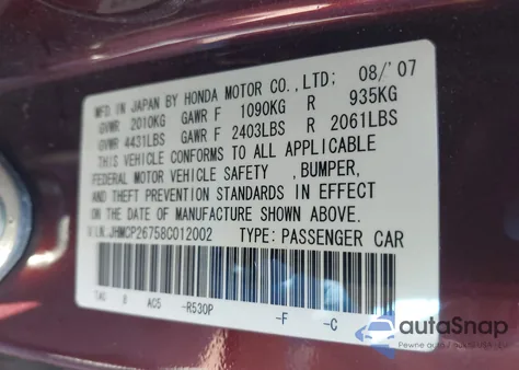 2008 Honda Accord 2.4 Ex z USA, uszkodzony, nr VIN JHMCP26758C012002